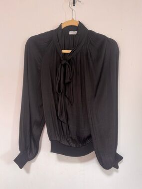 Current Silky Black Tie-Neck Blouse - Womens Top
